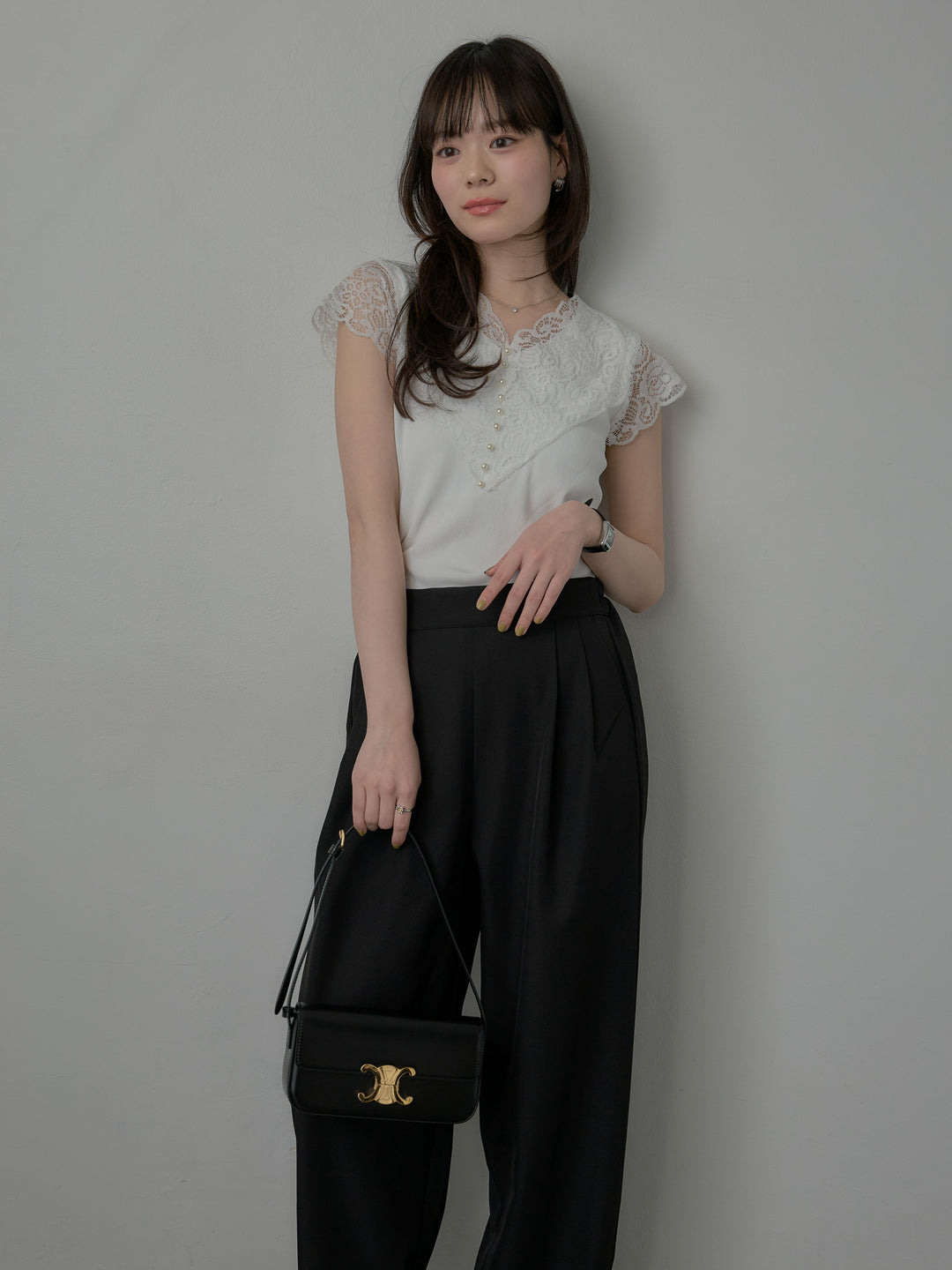 パールボタンレース切替ニットTシャツ