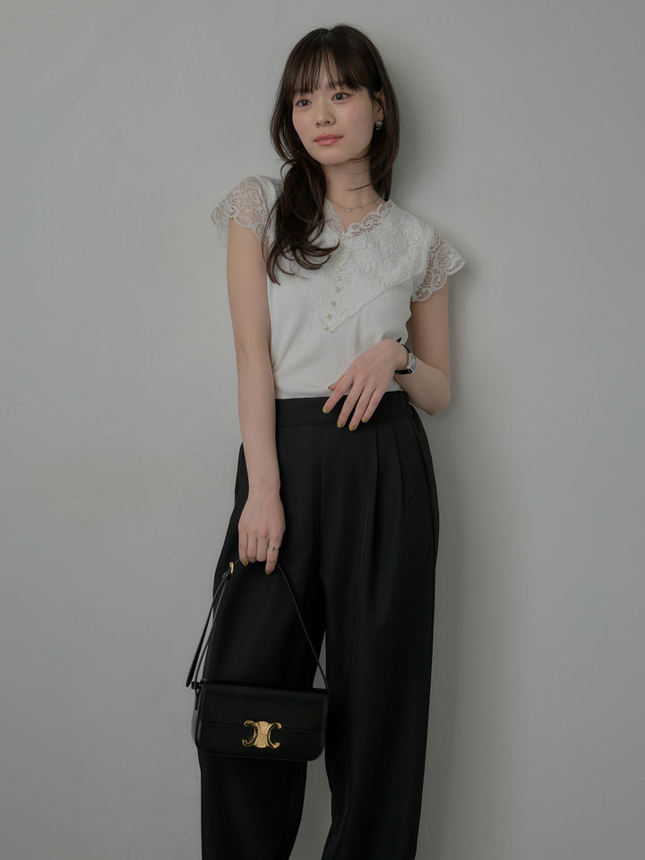 パールボタンレース切替ニットTシャツ