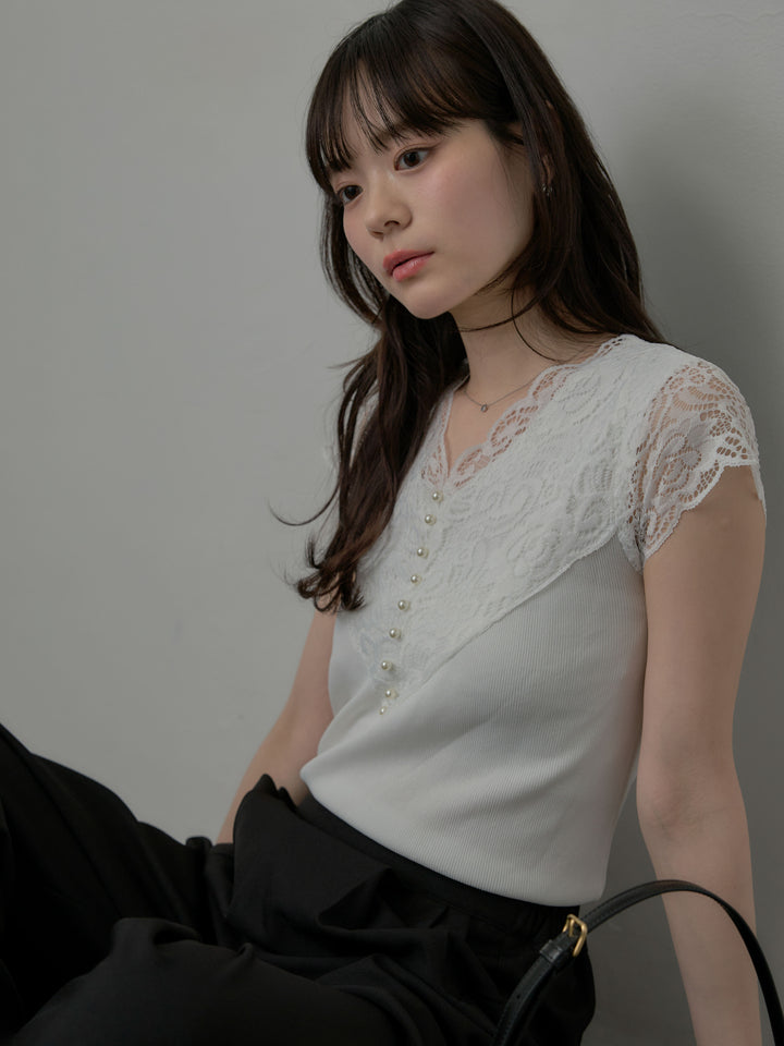 【SET】パールボタンレース切替ニットTシャツ+スーツ地イージータックパンツ(2set)