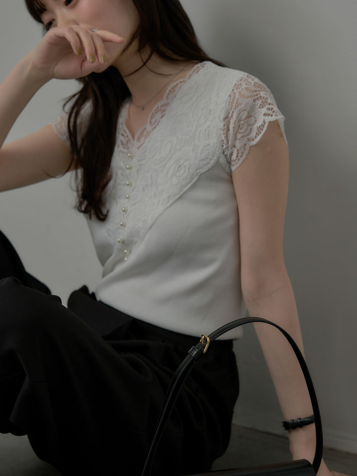 パールボタンレース切替ニットTシャツ