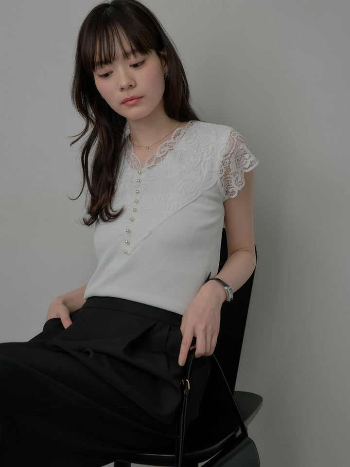 【SET】パールボタンレース切替ニットTシャツ+スーツ地イージータックパンツ(2set)