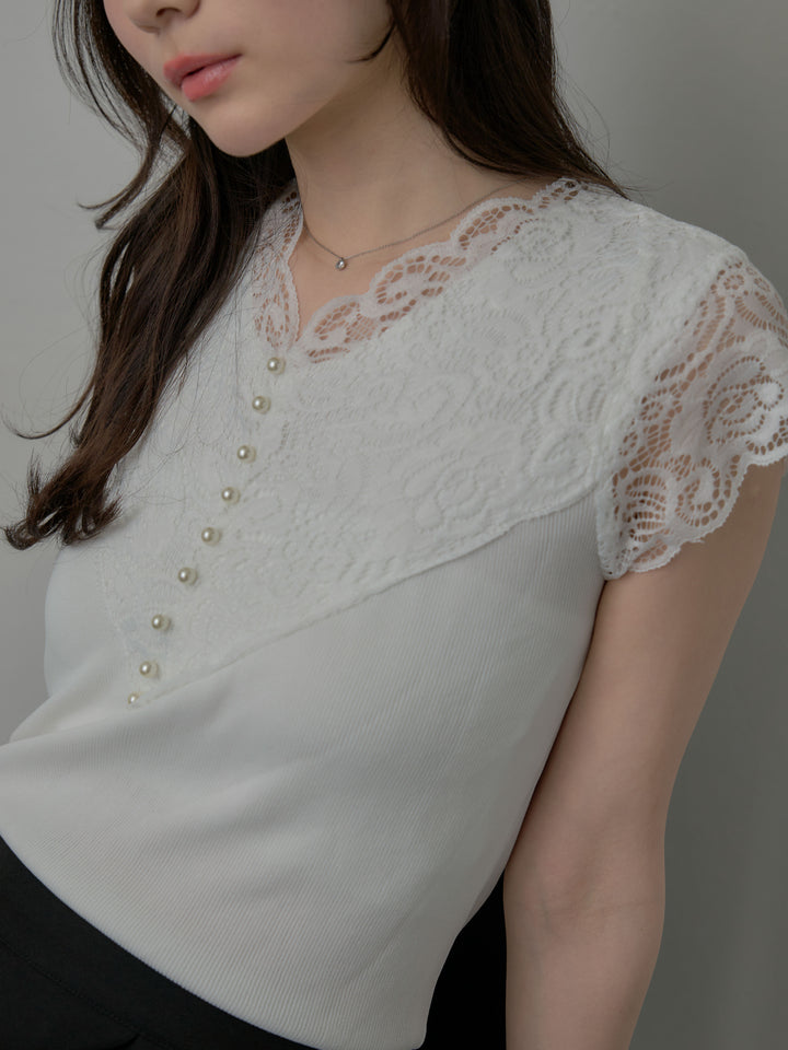 パールボタンレース切替ニットTシャツ
