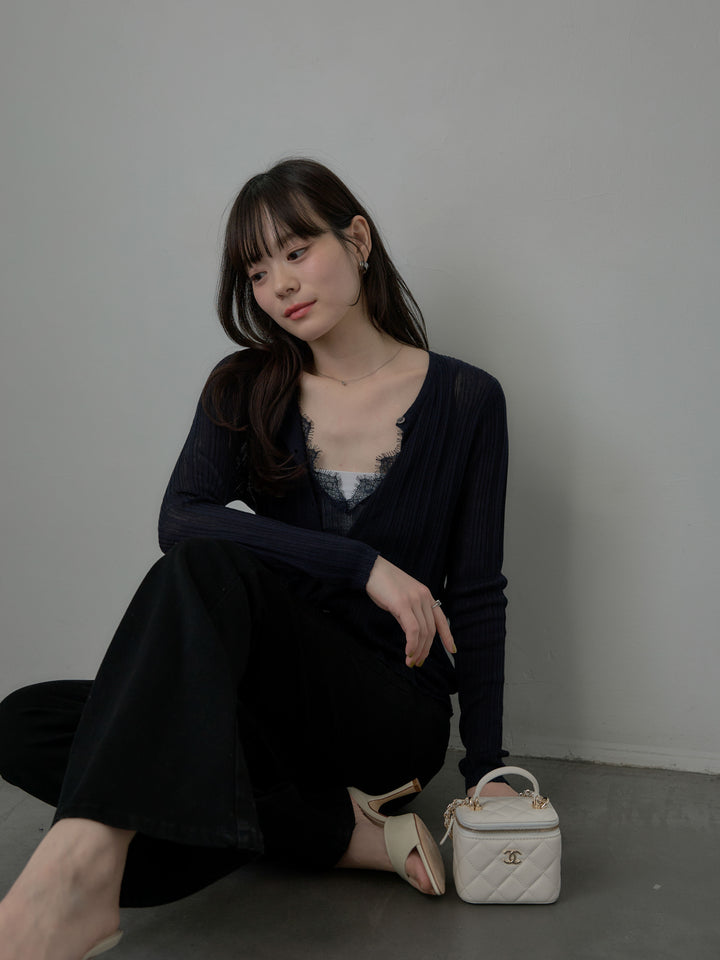 【SET】シアーリブカーディガン&レースキャミソールSET+美ラインストレッチフレアデニム(2set)