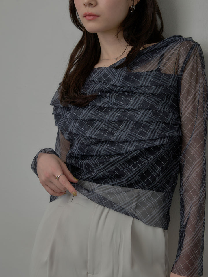 シアーチェックドレープトップス
