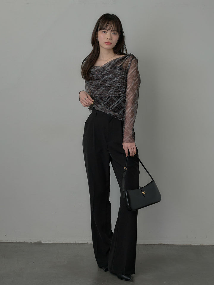 シアーチェックドレープトップス