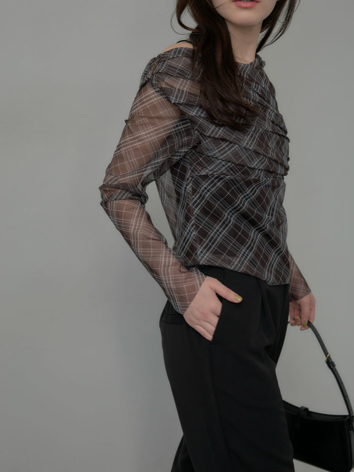 シアーチェックドレープトップス