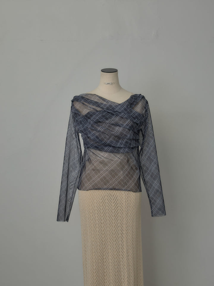 シアーチェックドレープトップス