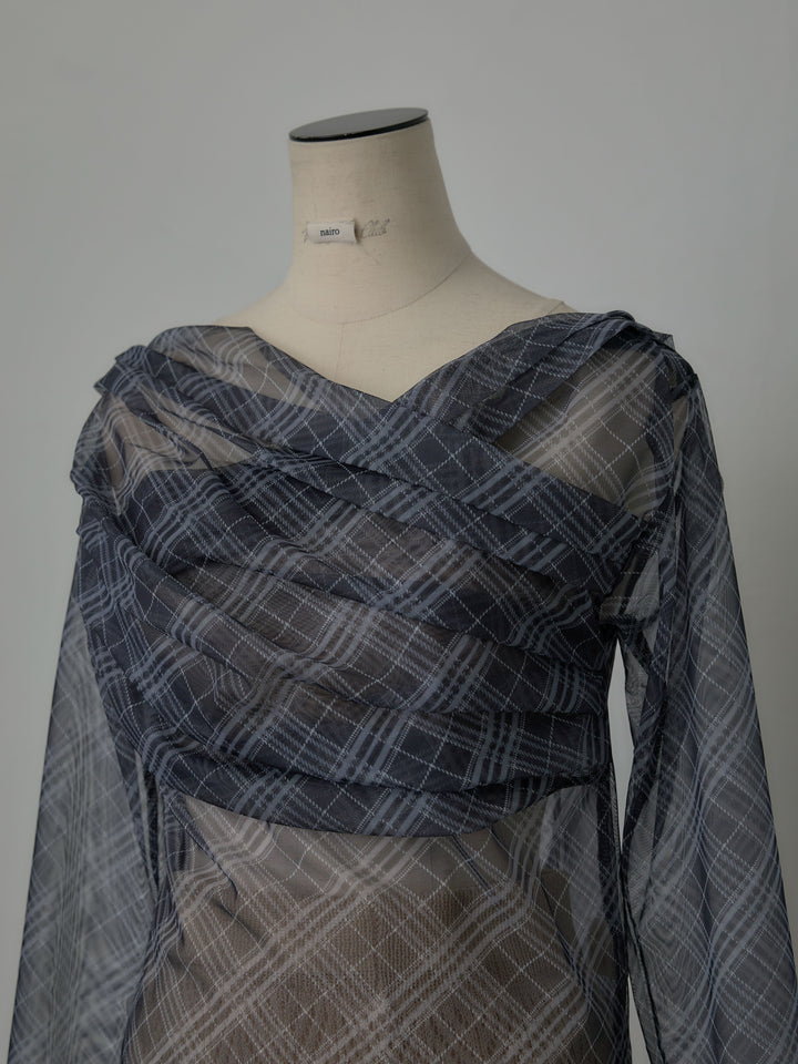 シアーチェックドレープトップス