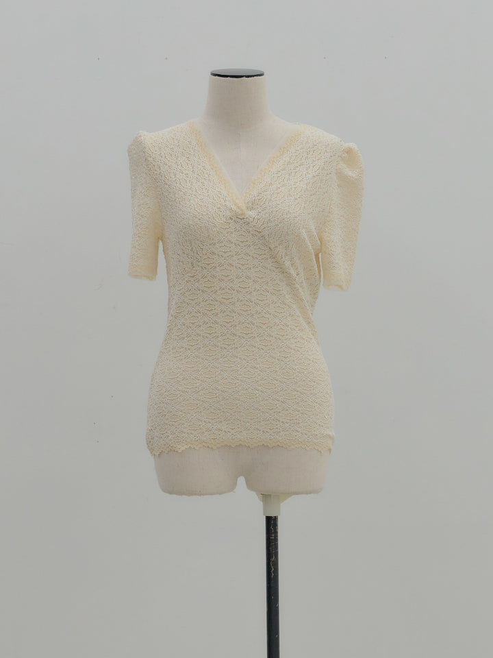 チュールレイヤードグリッターレースパフスリーブトップス