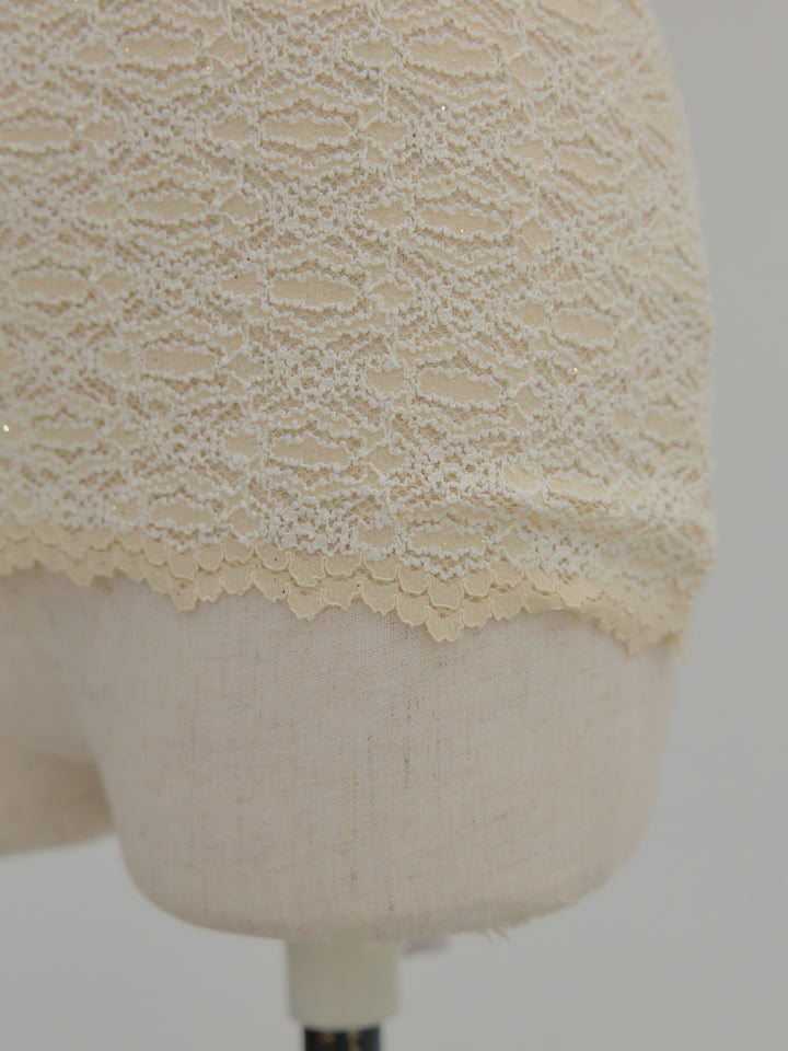 チュールレイヤードグリッターレースパフスリーブトップス