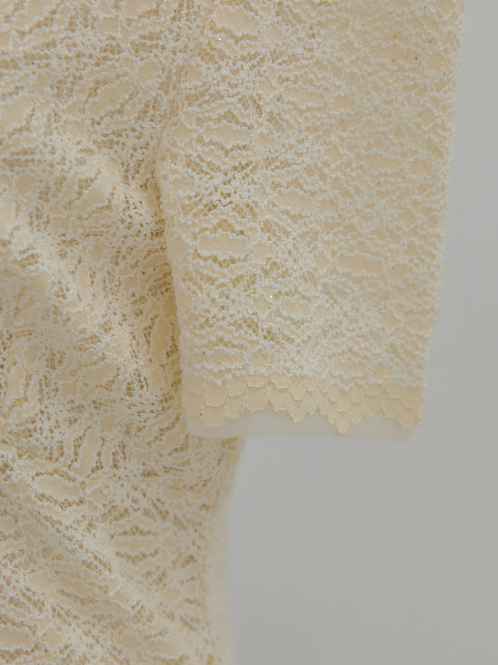 チュールレイヤードグリッターレースパフスリーブトップス