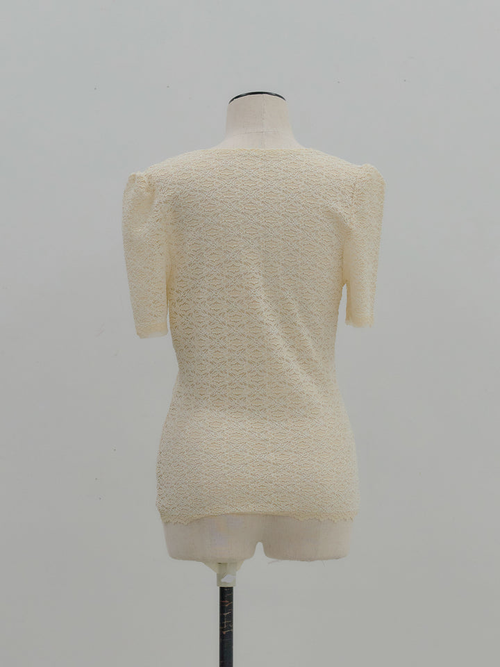 チュールレイヤードグリッターレースパフスリーブトップス