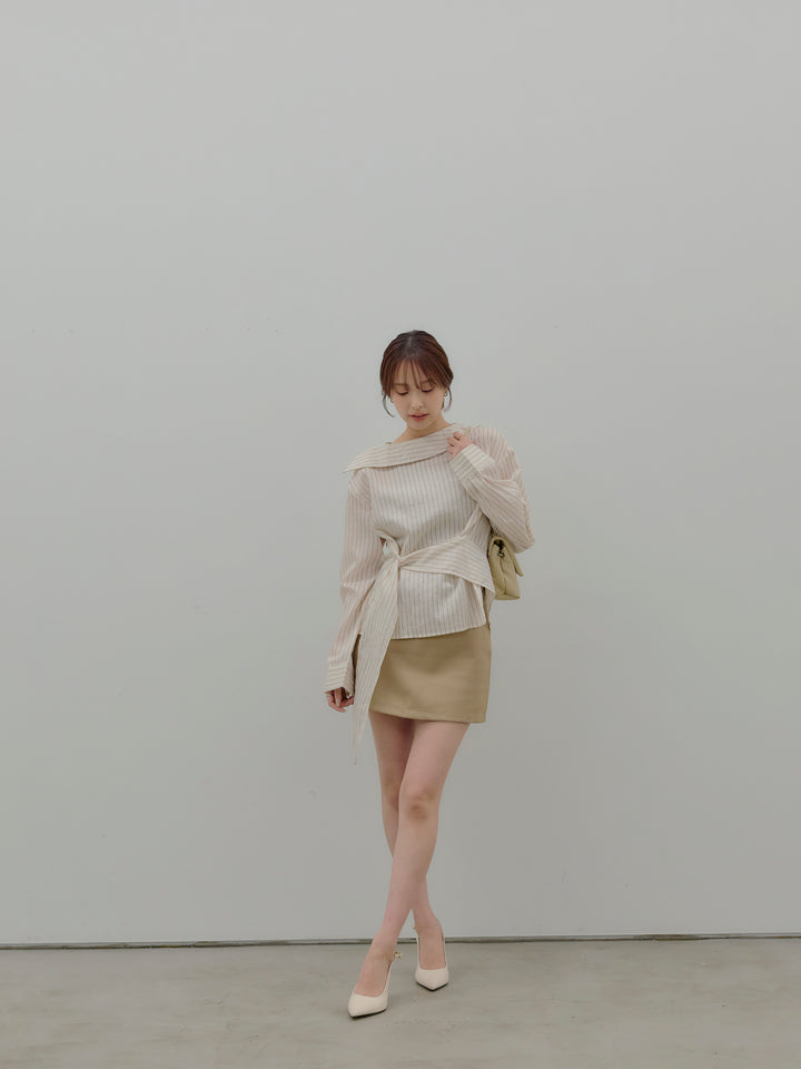 【SET】フロントラップデザインストライプシャツトップス+ベルト付きミニスカート（インバン付き）(2set)