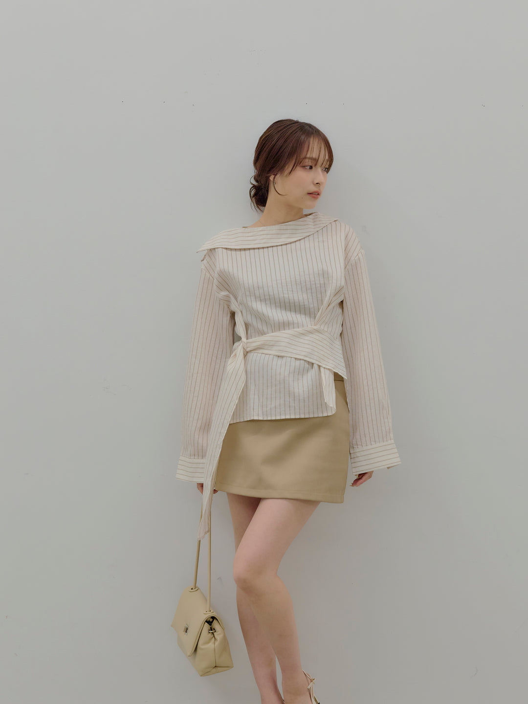 フロントラップデザインストライプシャツトップス