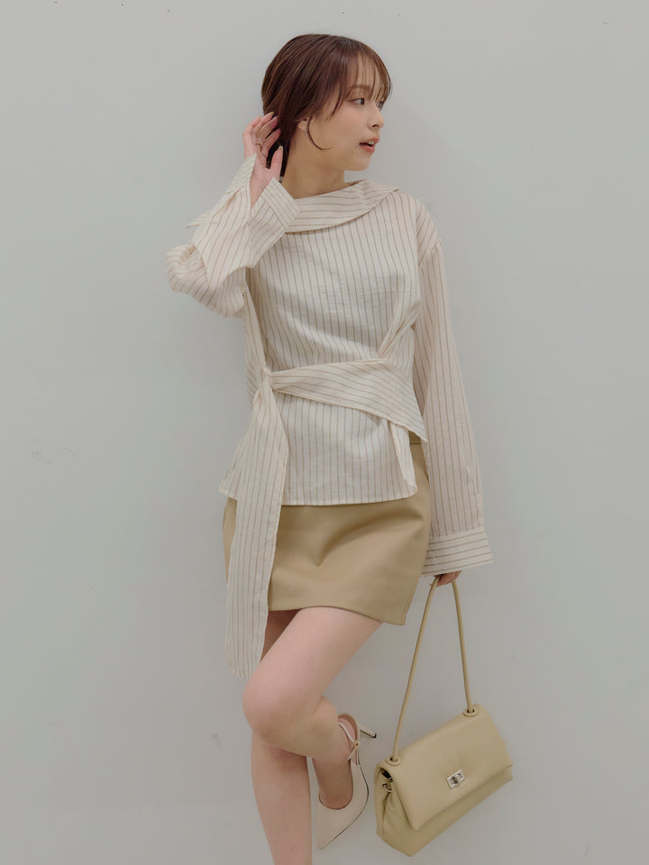【SET】フロントラップデザインストライプシャツトップス+ベルト付きミニスカート（インバン付き）(2set)