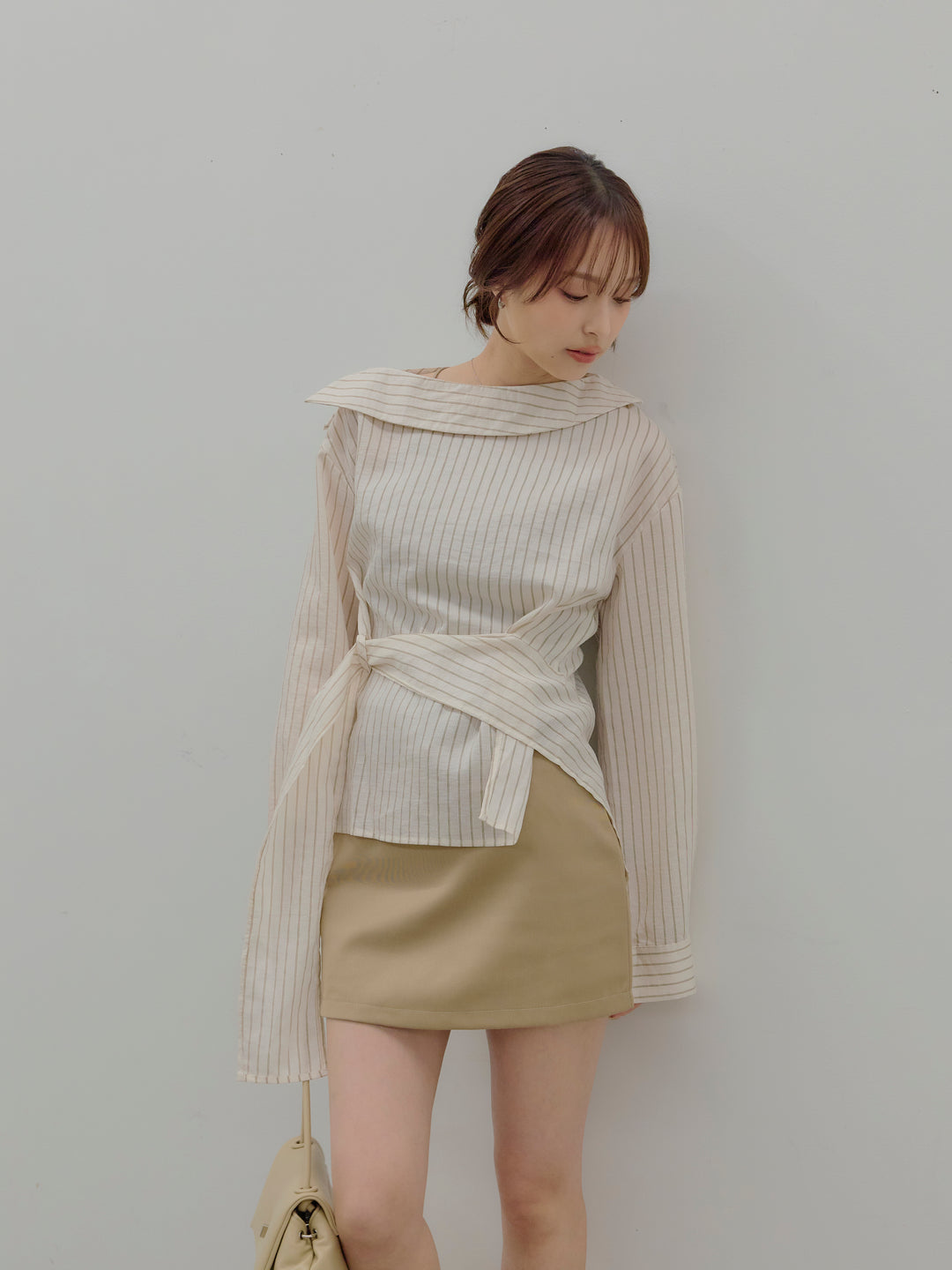 フロントラップデザインストライプシャツトップス