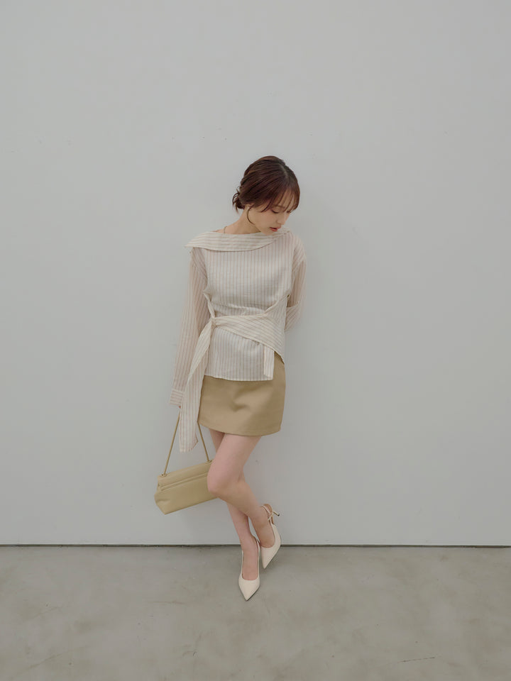 【SET】フロントラップデザインストライプシャツトップス+ベルト付きミニスカート（インバン付き）(2set)