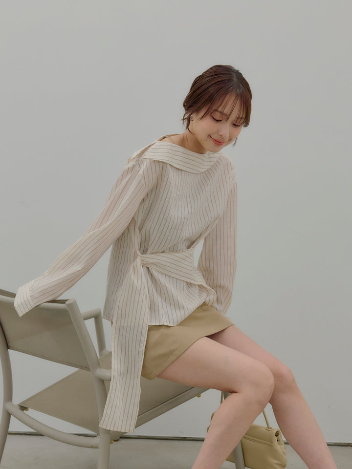 【SET】フロントラップデザインストライプシャツトップス+ベルト付きミニスカート（インバン付き）(2set)