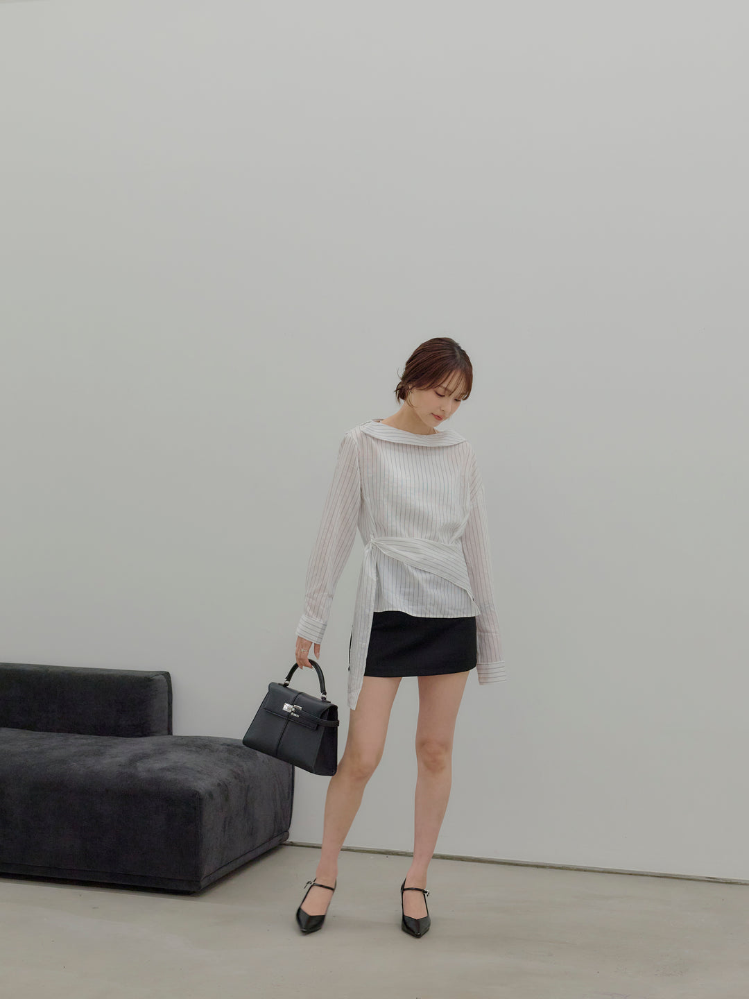 フロントラップデザインストライプシャツトップス