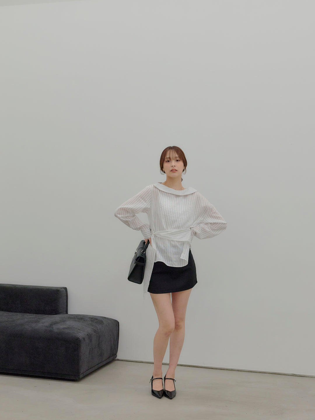 【SET】フロントラップデザインストライプシャツトップス+ベルト付きミニスカート（インバン付き）(2set)
