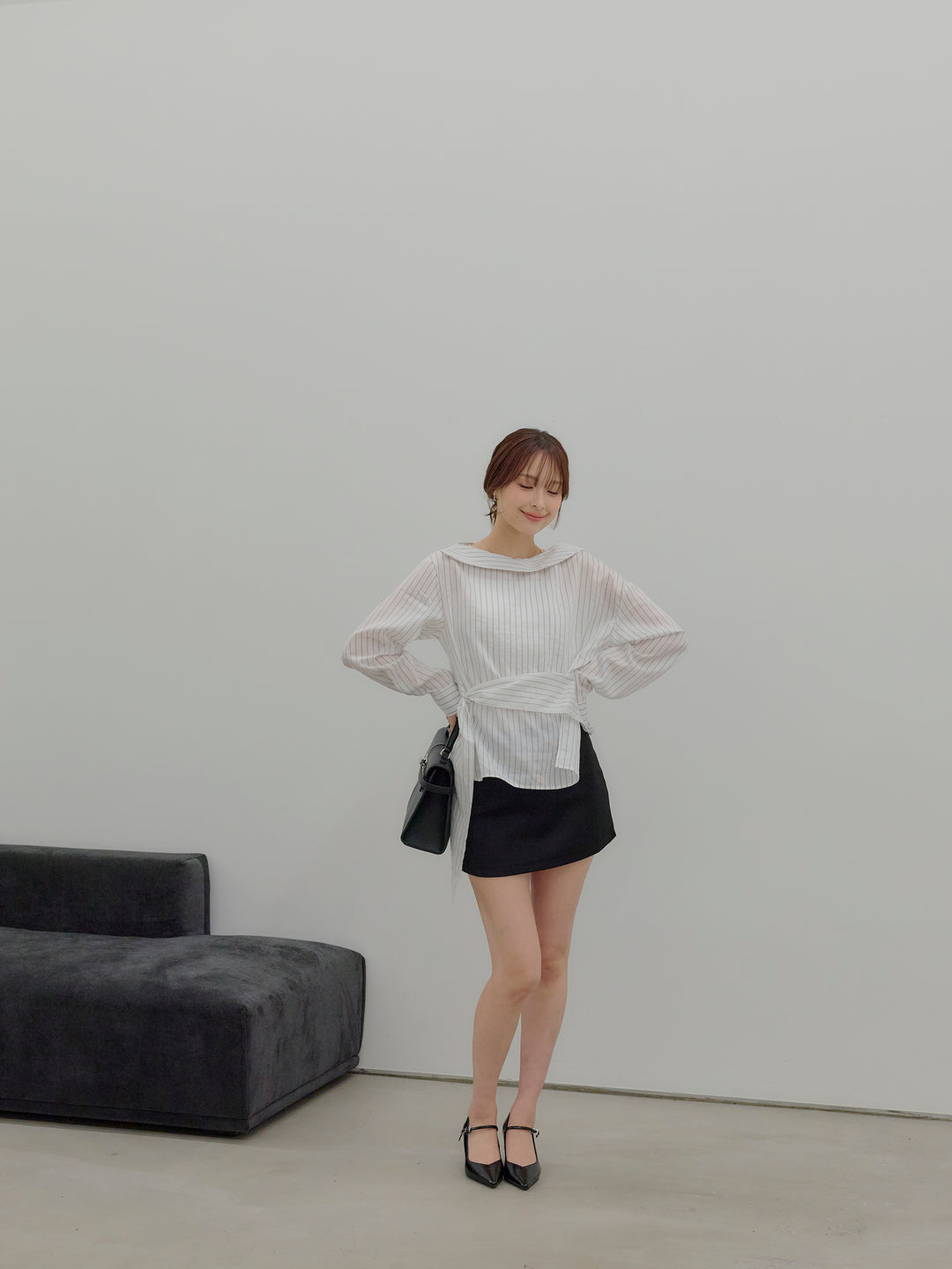 フロントラップデザインストライプシャツトップス