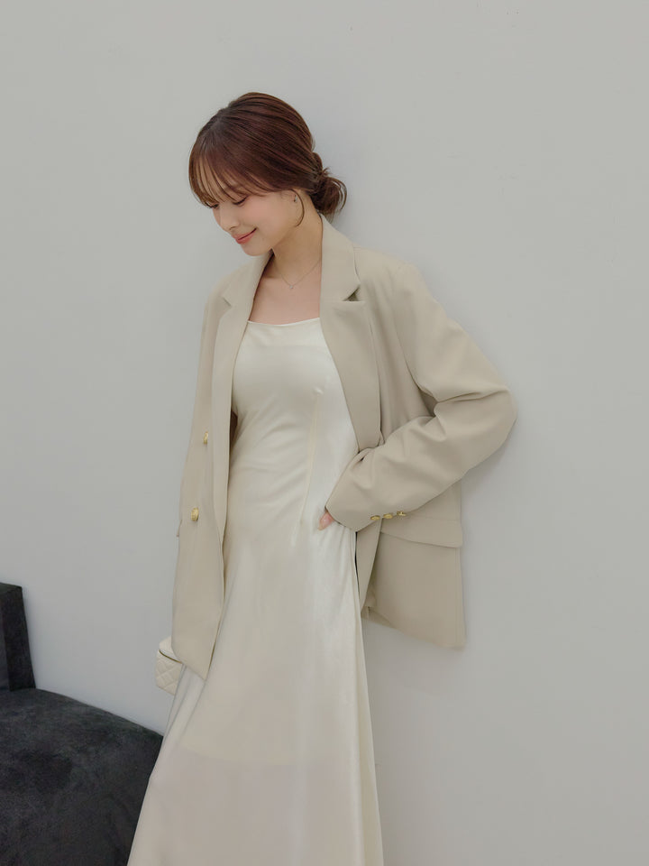 【SET】ゴールドボタンテーラードジャケット+【Essential】Back open satin camisole dress(2set)