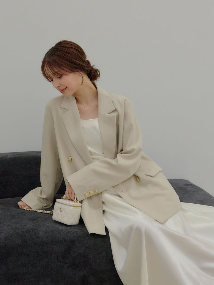 【SET】ゴールドボタンテーラードジャケット+【Essential】Back open satin camisole dress(2set)