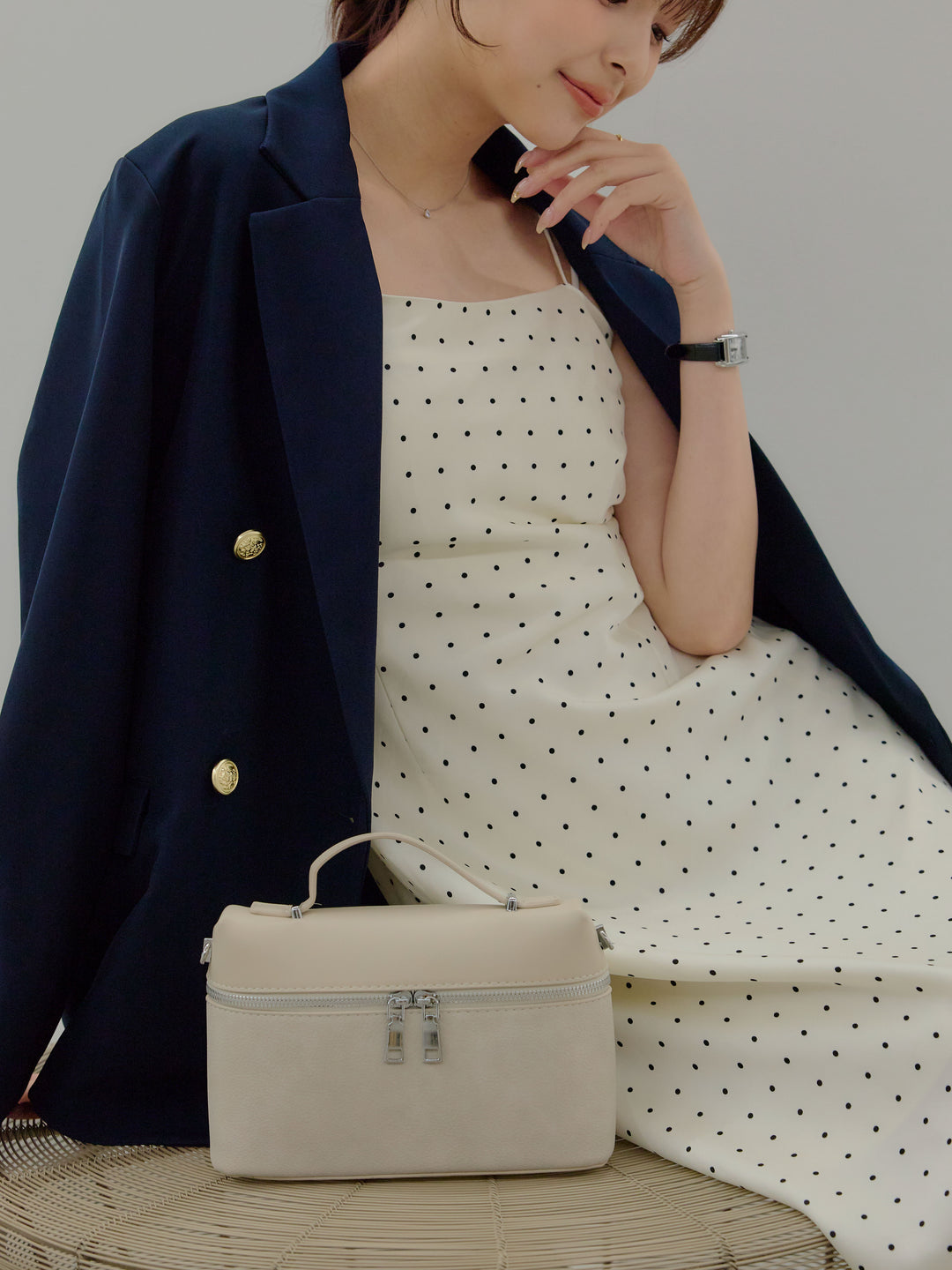 【SET】ゴールドボタンテーラードジャケット+【Essential】Back open satin camisole dress(2set)