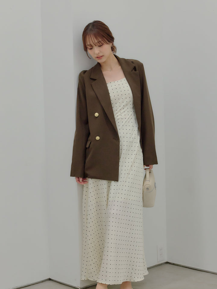 【SET】ゴールドボタンテーラードジャケット+【Essential】Back open satin camisole dress(2set)