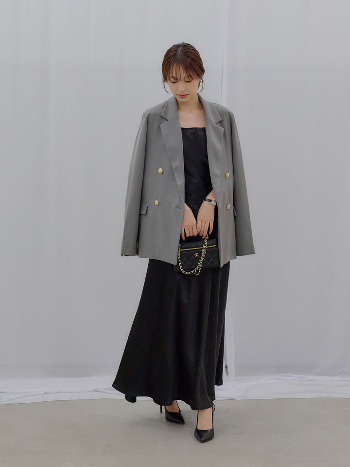 【SET】ゴールドボタンテーラードジャケット+【Essential】Back open satin camisole dress(2set)