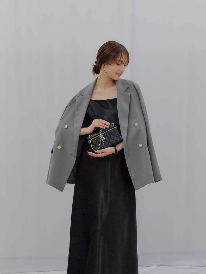 【SET】ゴールドボタンテーラードジャケット+【Essential】Back open satin camisole dress(2set)