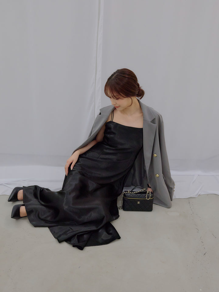 【SET】ゴールドボタンテーラードジャケット+【Essential】Back open satin camisole dress(2set)