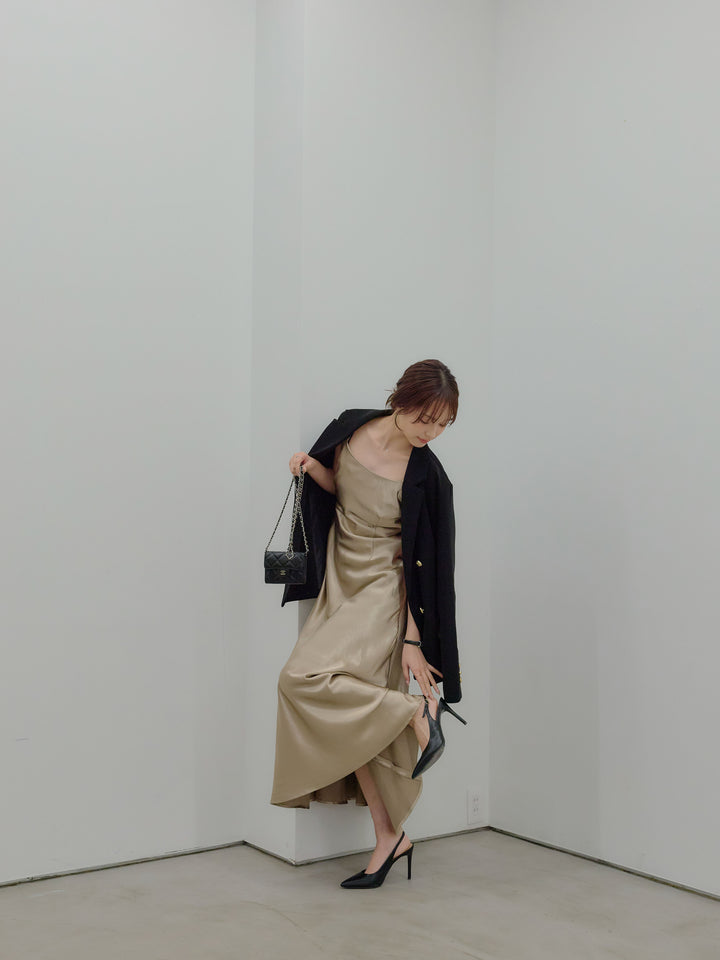 【SET】ゴールドボタンテーラードジャケット+【Essential】Back open satin camisole dress(2set)