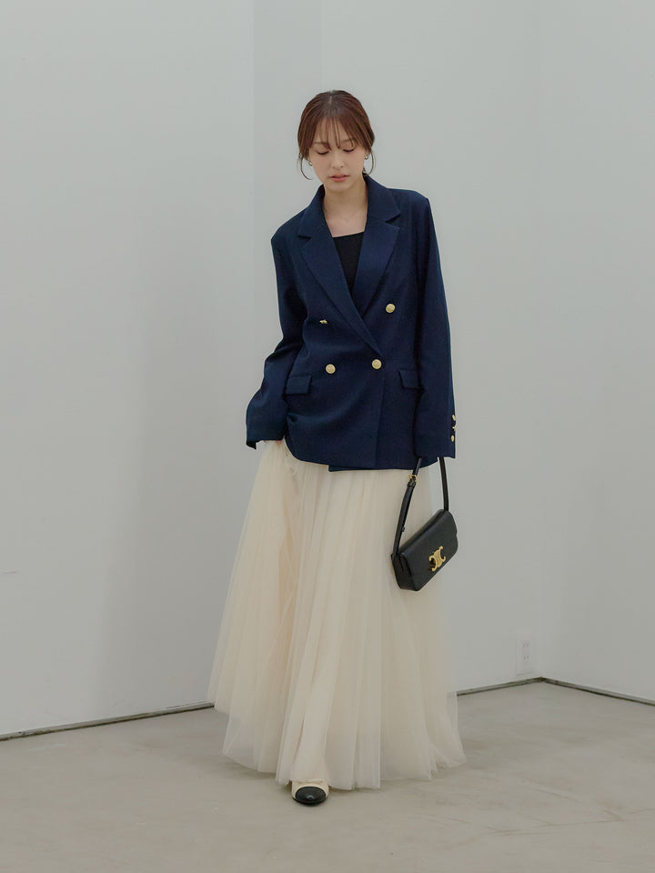 【SET】ゴールドボタンテーラードジャケット+ボリュームチュールスカート(2set)