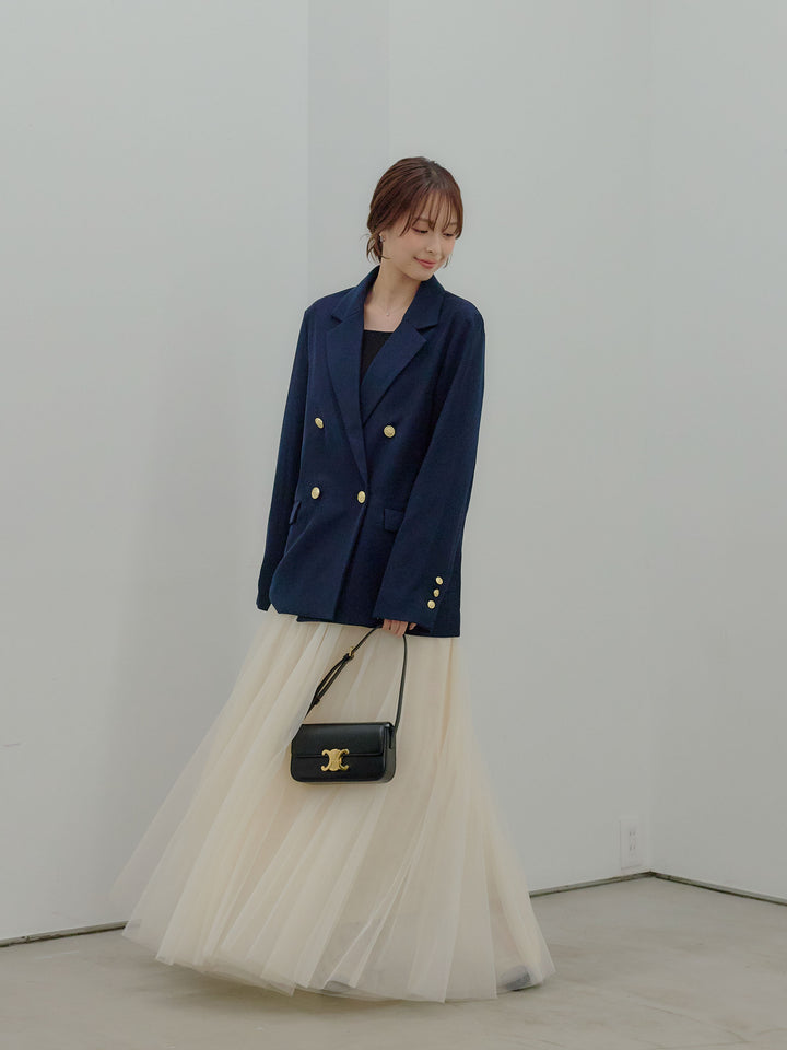 【SET】ゴールドボタンテーラードジャケット+ボリュームチュールスカート(2set)