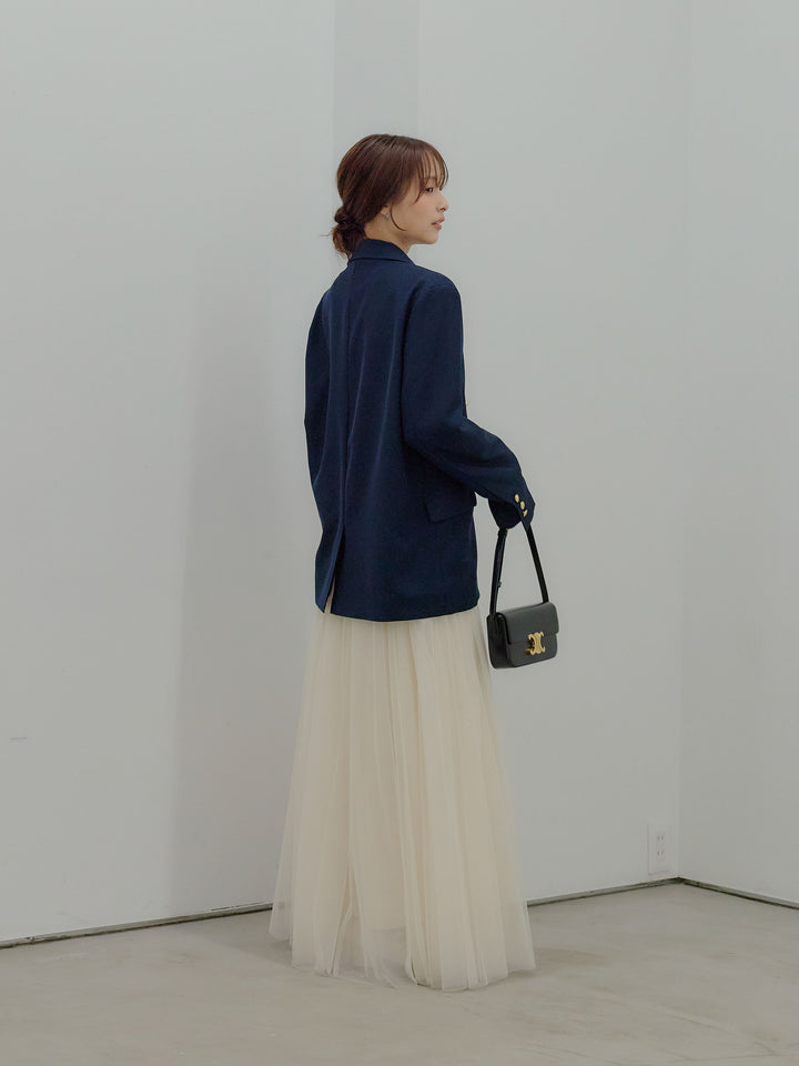 【SET】ゴールドボタンテーラードジャケット+ボリュームチュールスカート(2set)