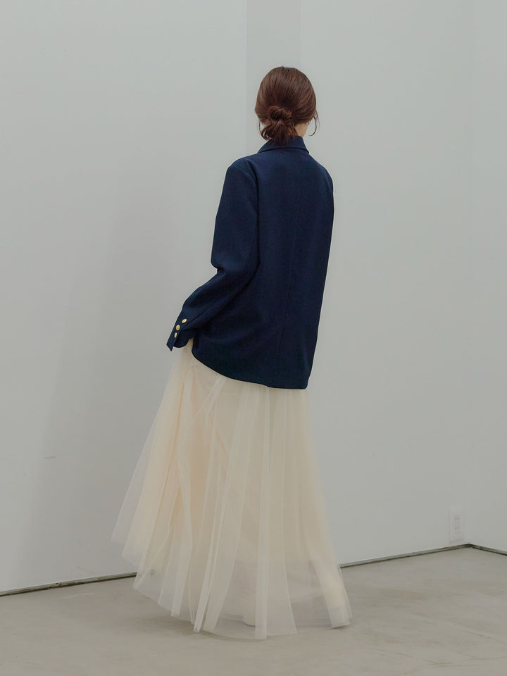 【SET】ゴールドボタンテーラードジャケット+ボリュームチュールスカート(2set)