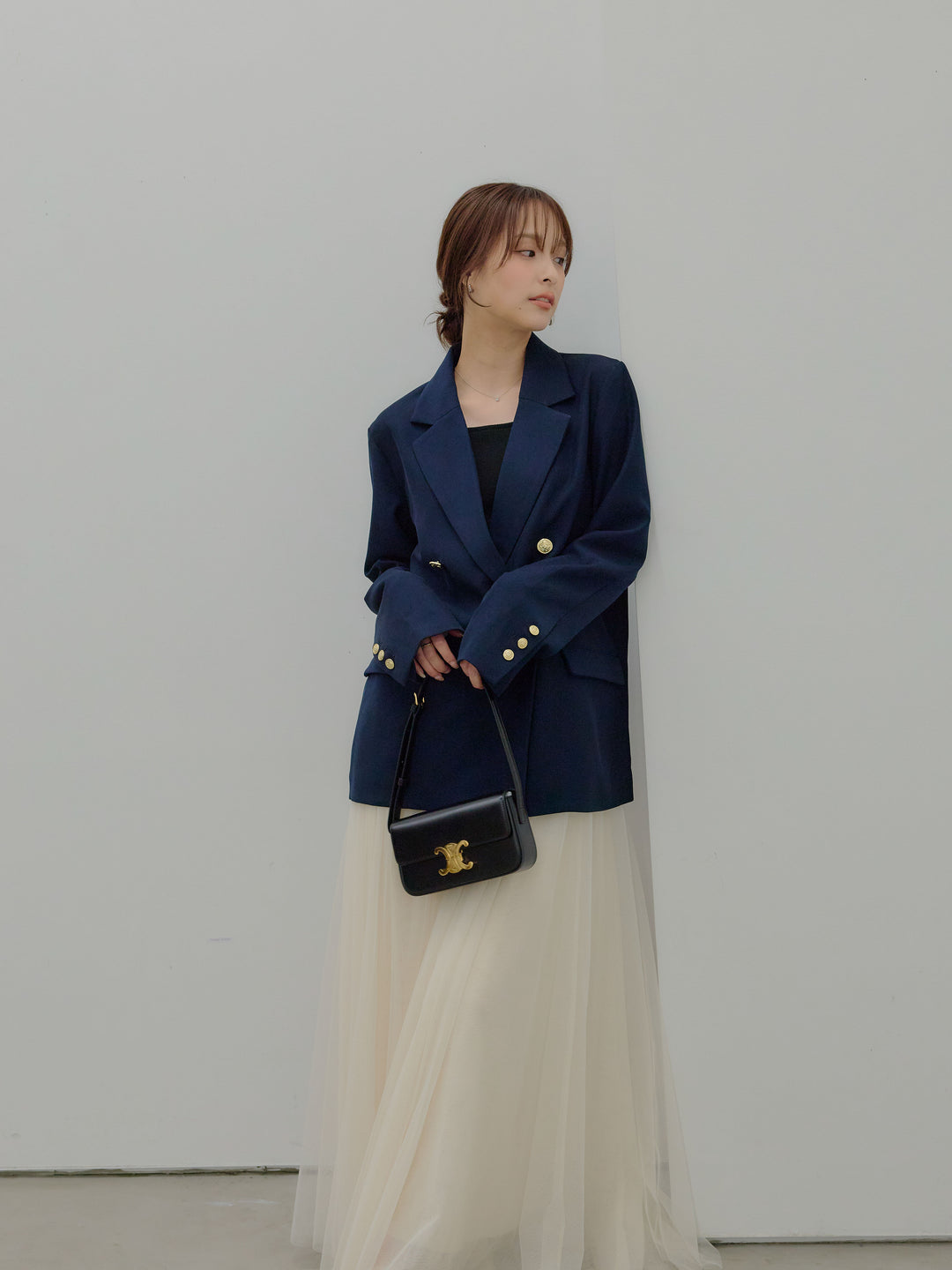 【SET】ゴールドボタンテーラードジャケット+ボリュームチュールスカート(2set)