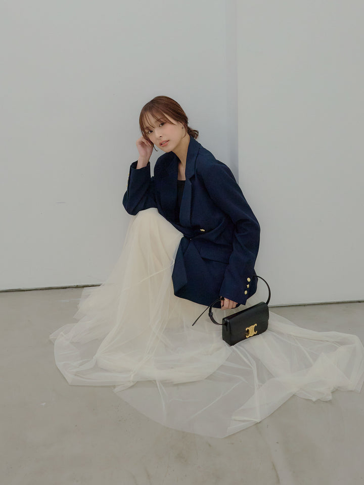 【SET】ゴールドボタンテーラードジャケット+ボリュームチュールスカート(2set)