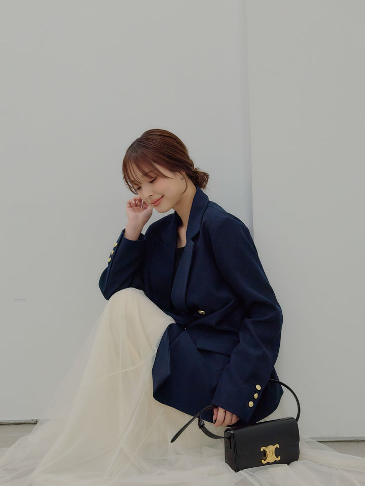 【SET】ゴールドボタンテーラードジャケット+ボリュームチュールスカート(2set)