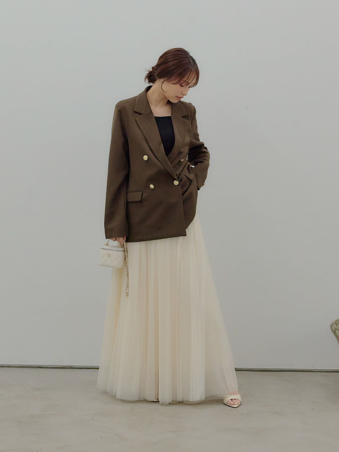 【SET】ゴールドボタンテーラードジャケット+ボリュームチュールスカート(2set)