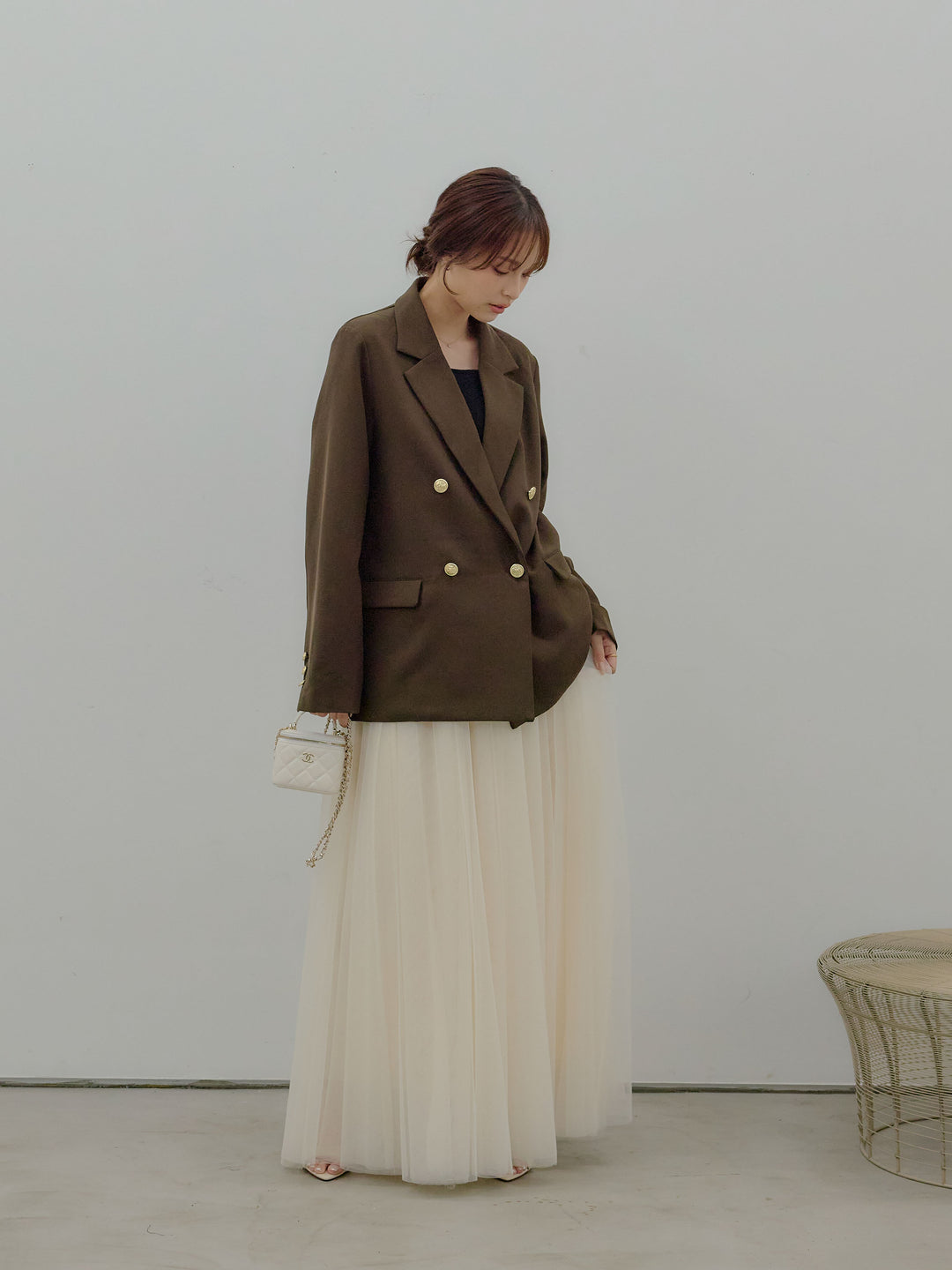 【SET】ゴールドボタンテーラードジャケット+ボリュームチュールスカート(2set)