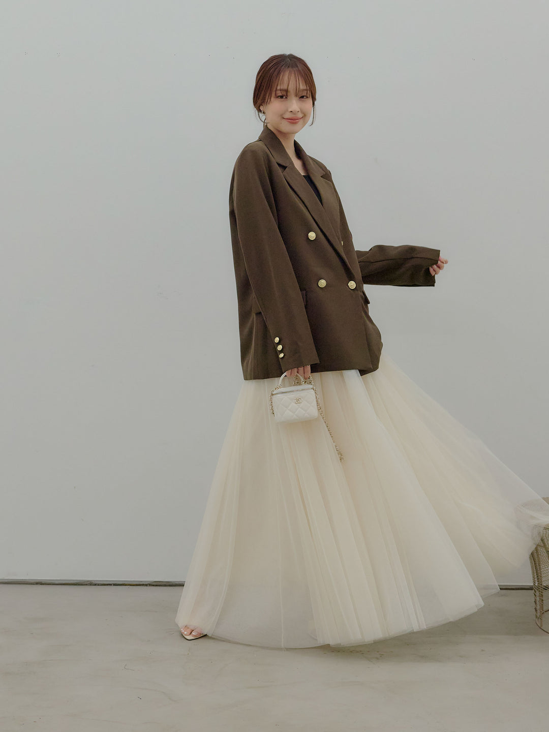 【SET】ゴールドボタンテーラードジャケット+ボリュームチュールスカート(2set)