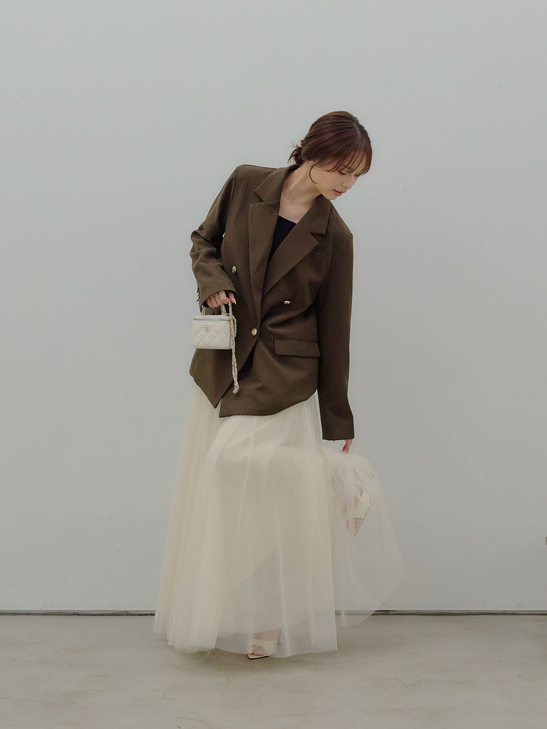 【SET】ゴールドボタンテーラードジャケット+ボリュームチュールスカート(2set)