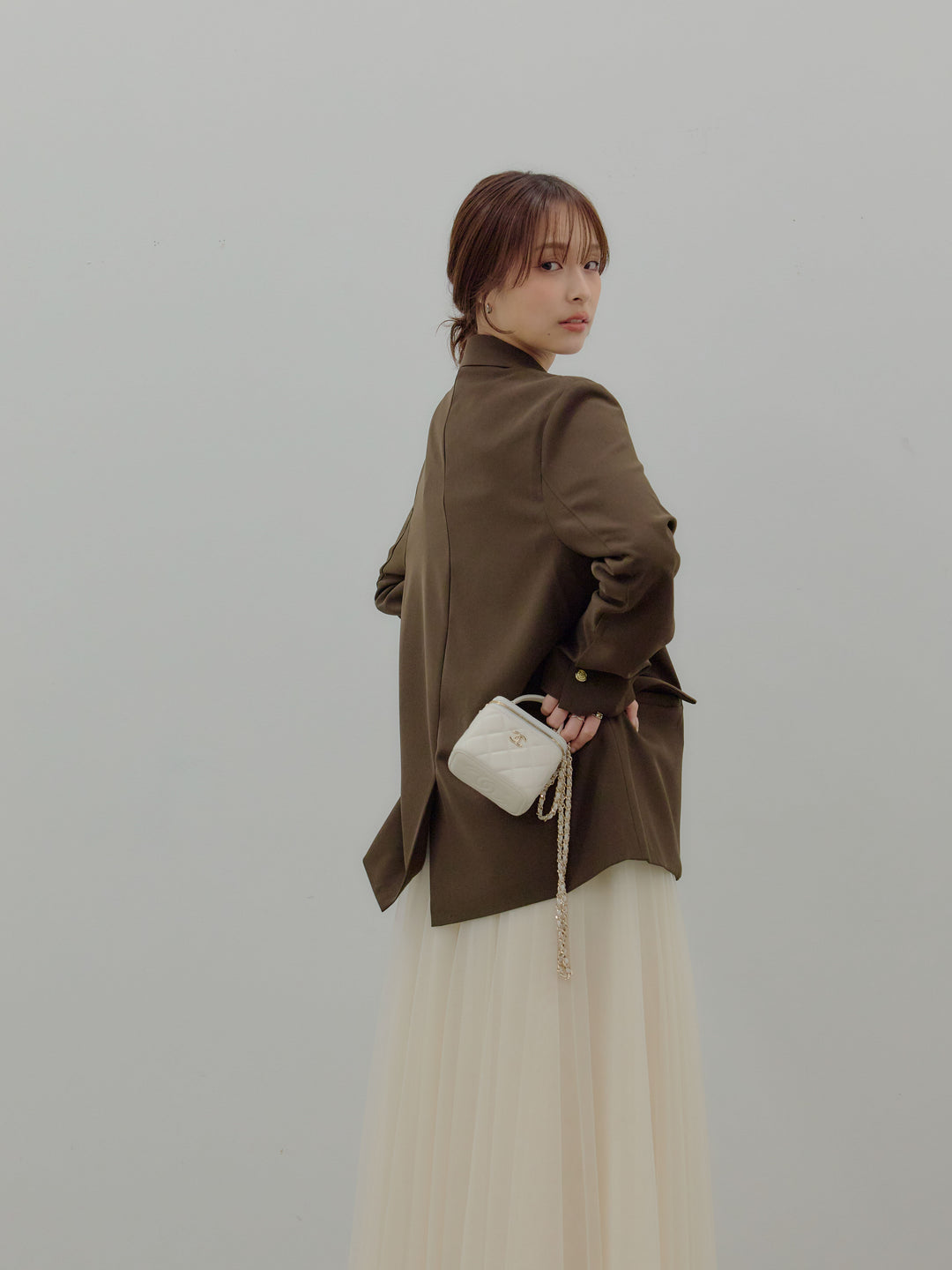 【SET】ゴールドボタンテーラードジャケット+ボリュームチュールスカート(2set)