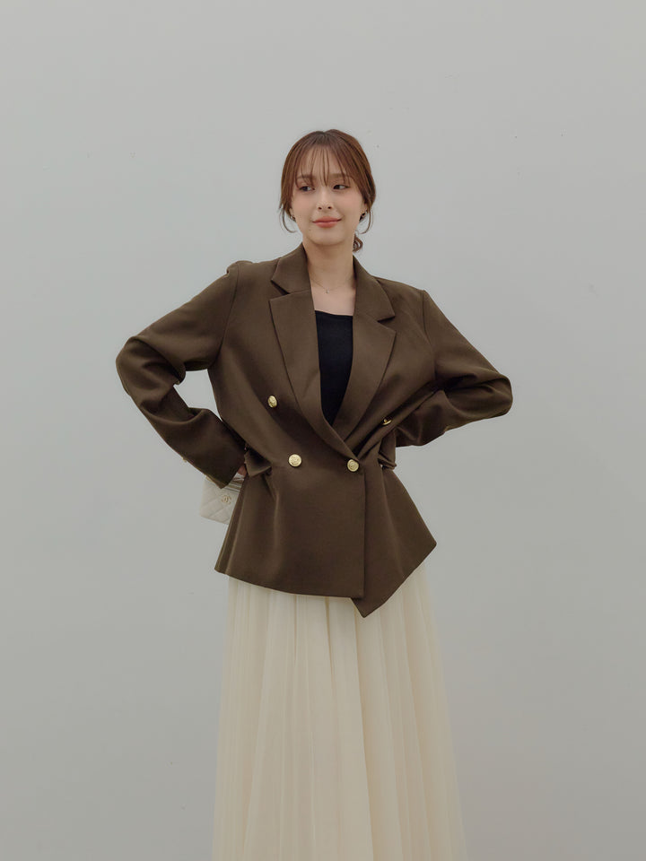 【SET】ゴールドボタンテーラードジャケット+ボリュームチュールスカート(2set)