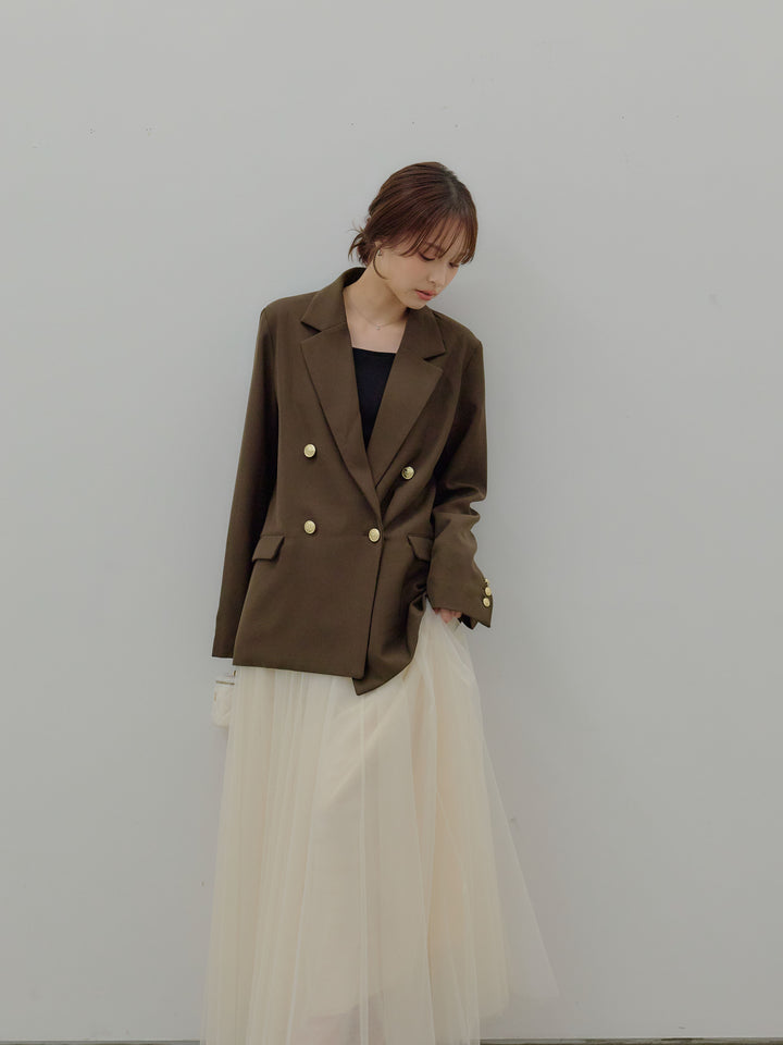 【SET】ゴールドボタンテーラードジャケット+ボリュームチュールスカート(2set)