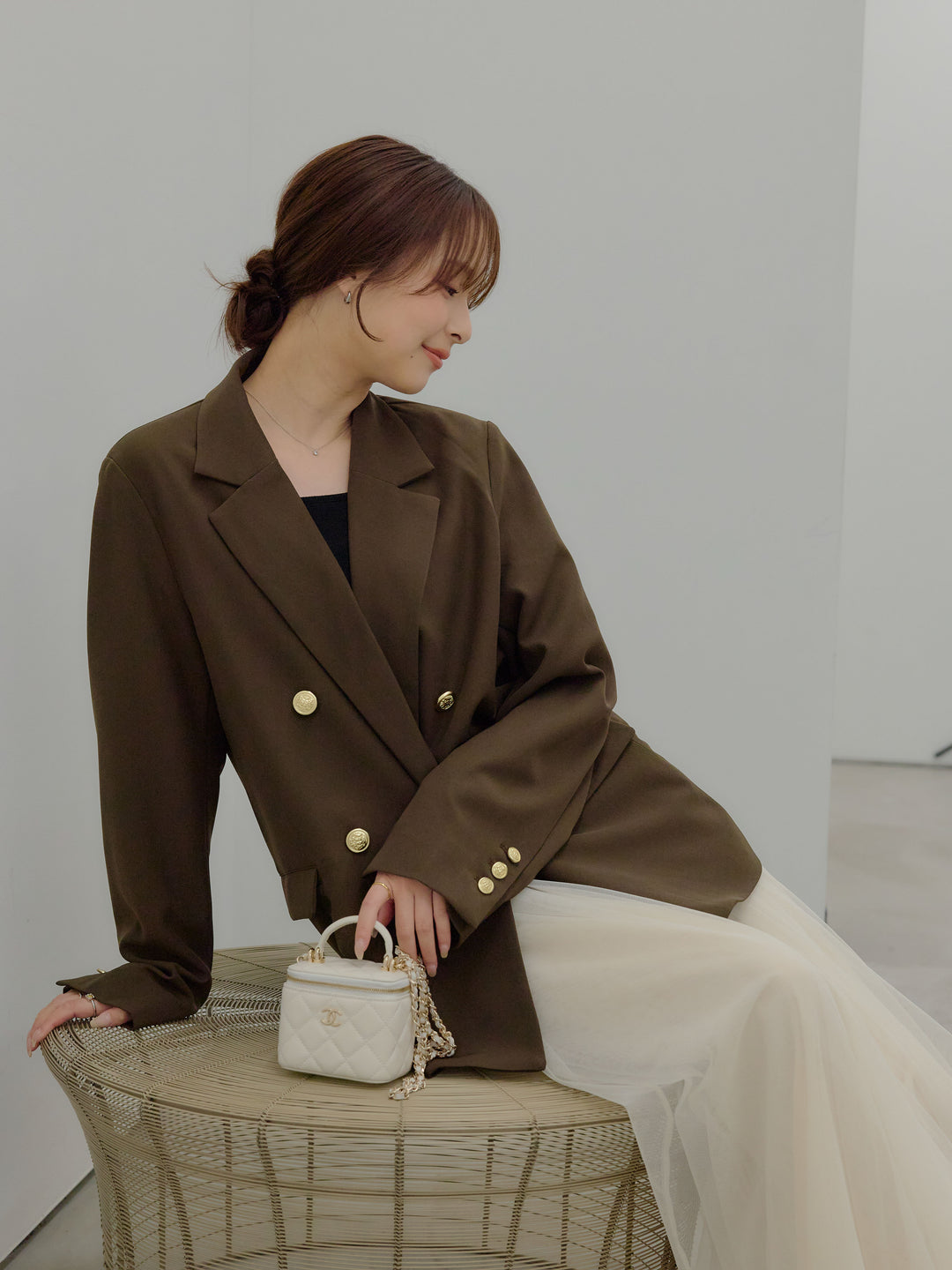 【SET】ゴールドボタンテーラードジャケット+ボリュームチュールスカート(2set)