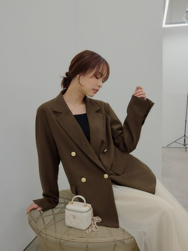 【SET】ゴールドボタンテーラードジャケット+ボリュームチュールスカート(2set)