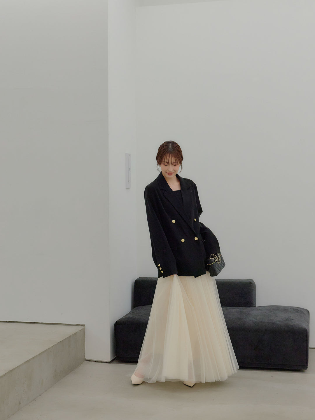 【SET】ゴールドボタンテーラードジャケット+ボリュームチュールスカート(2set)